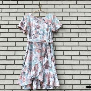 CALVIN KLEIN Plus Size 20W Floral Ruffle Hem Belted Fit Flare Dress Pastel Pink